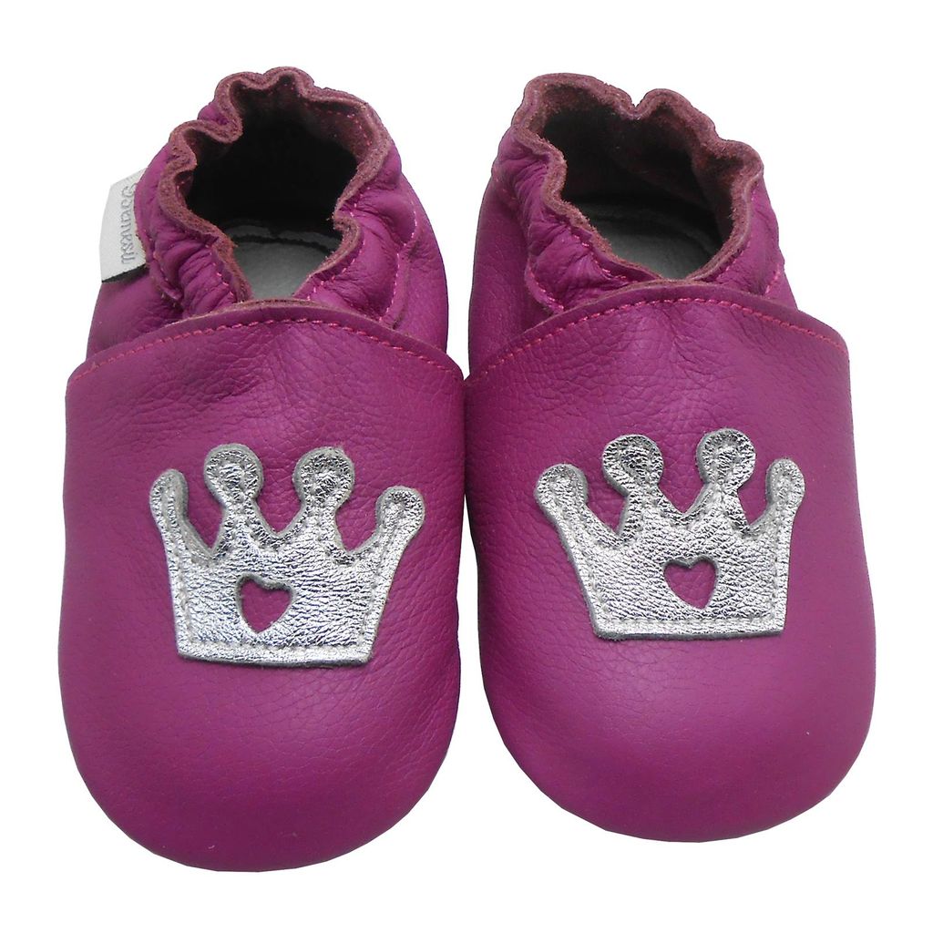 BEMUSE Baby Krabbelschuhe aus Echtleder, weiche Lauflernschuhe für Mädchen & Jungen, rutschfeste Ledersohle, Lila, Kronenmotiv, Größe S (0–...