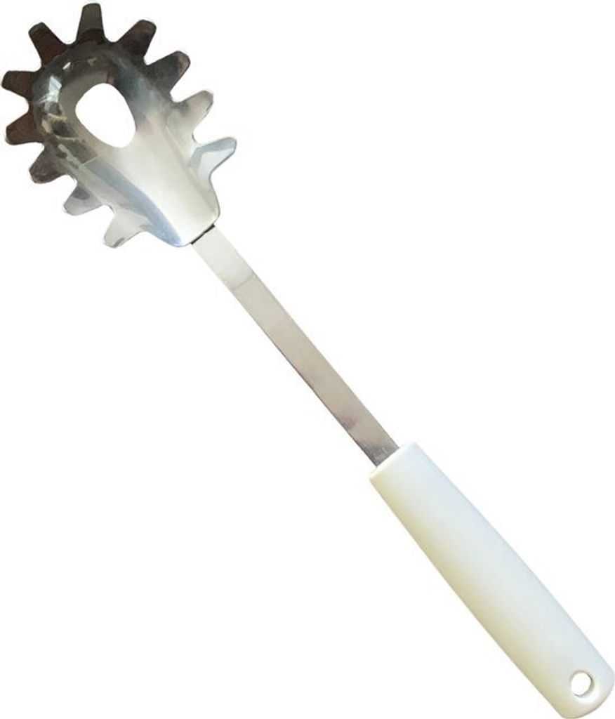 A stainless steel spaghetti server with a white handle, isolated on a white background.