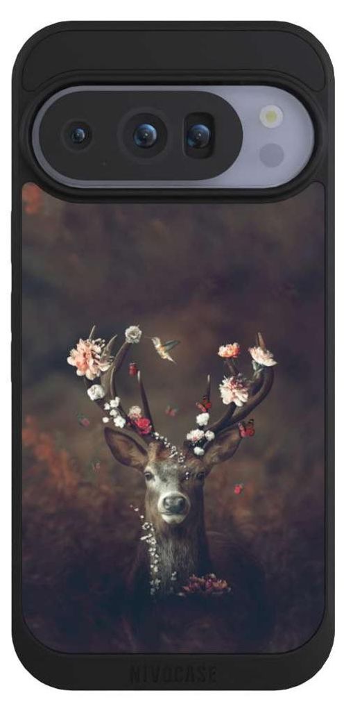 NIVOCASE Handyhülle für Google Pixel 10 Pro Hülle NIVOpure Case Schwarz Blumen Rehe Rentier