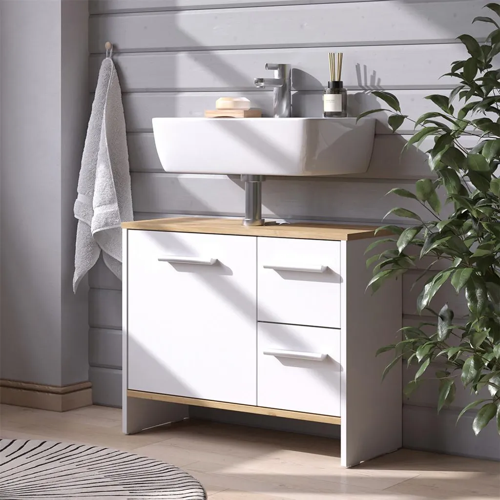 Meuble rangement salle de bain sous vasque Vicco Karli 70cm chêne blanc