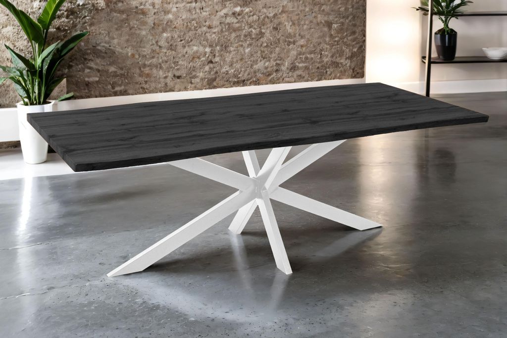 Esstisch 240x100 cm Baumkante Holz Grau-Optik Spider-Gestell Metall weiß JOSY