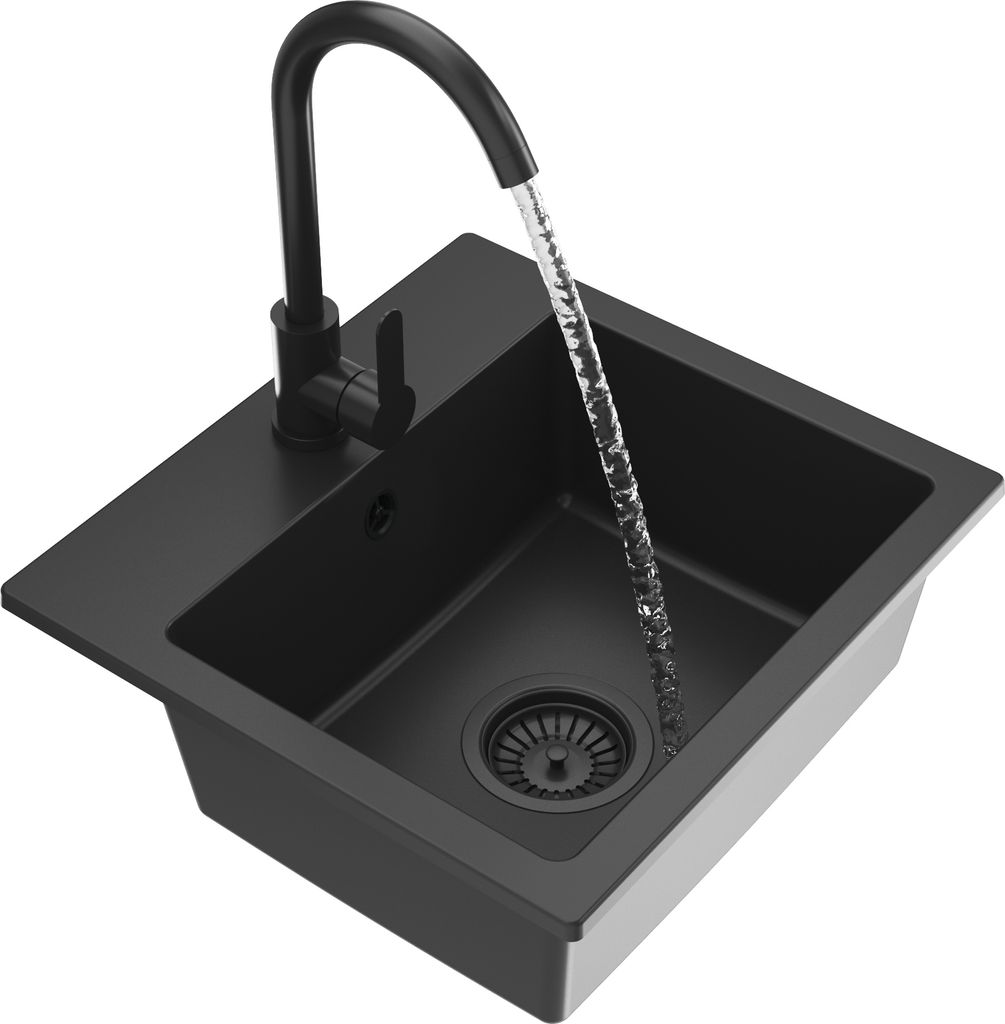 A black kitchen sink with a black faucet with water running into it.