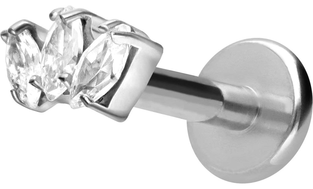 Ohrpiercing, Nasenpiercing Titan Labret mit Innengewinde 3 KRISTALLTROPFEN Silber Stablänge: 6mm | Stabstärke: 1,6mm