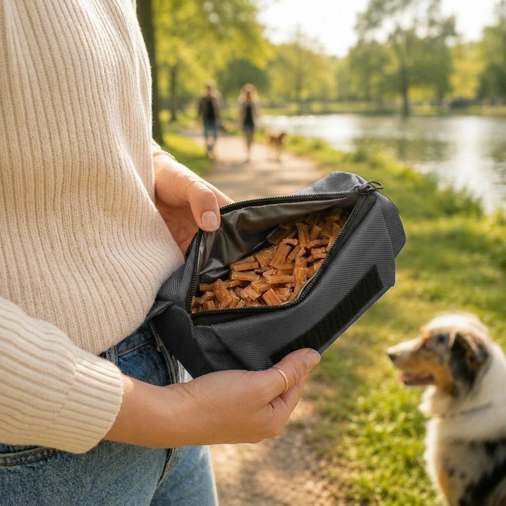 belviona Hundefutterbeutel, wasserfester Futterdummy für Apportiertraining mit Wurfhilfe & Karabiner, robust & sicher, grau