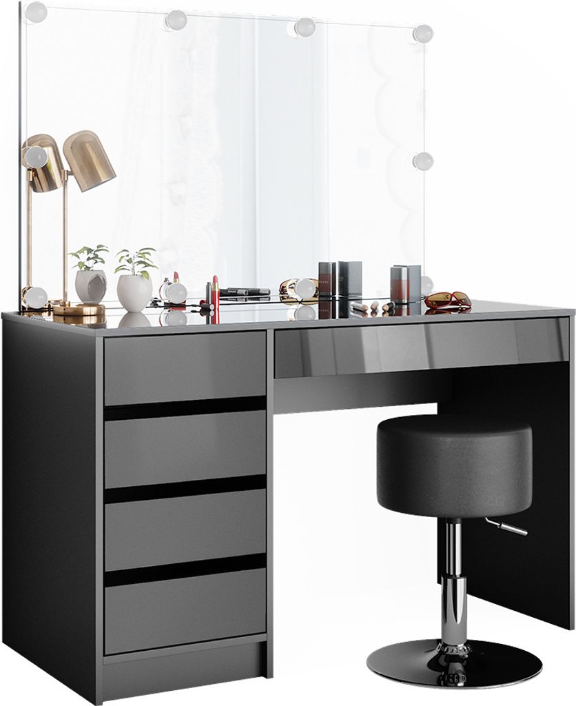 A modern vanity table with a mirror and stool, set against a white background.