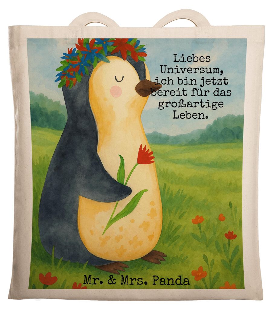 Mr. & Mrs. Panda Beutel Pinguin Blumen Design - Weiß - Geschenk, Laptoptasche, Uni Tasche, Motivation, Universum, festivaltasche, Tote Bag, Gesche...