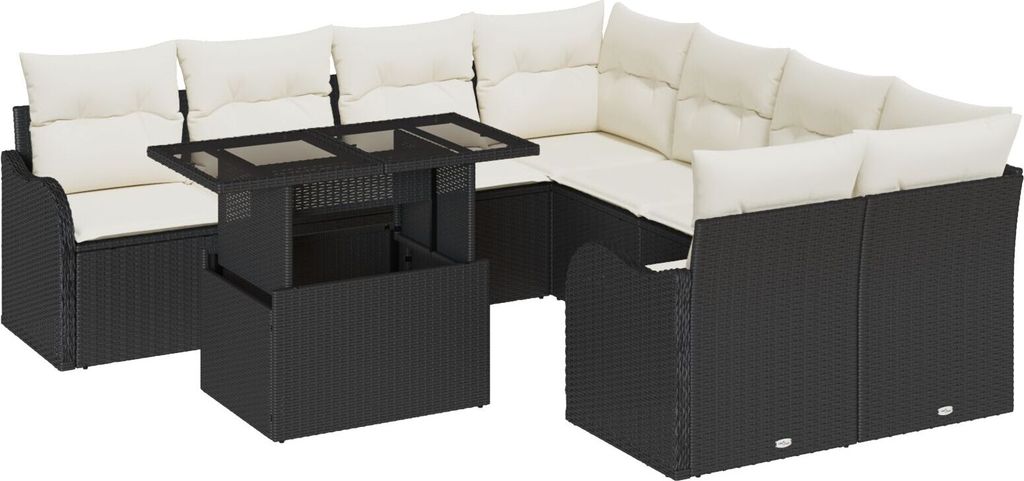 2025 Moderne 9-teiliges Garten Sofa Set mit Kissen Schwarz Poly Rattan, 2-Sitzer Garten Sofa mit Stauraum & Kissen Schwarz Poly Rattan - Gartensofa...