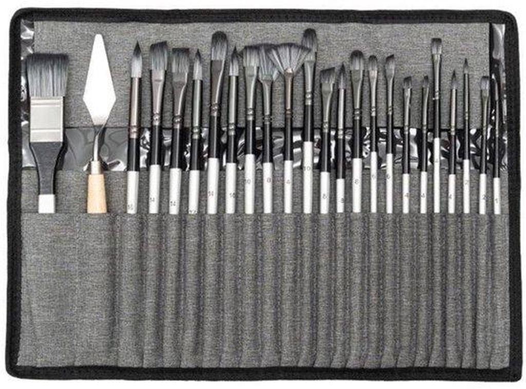 Synthetische Kunststoffpenselset - 24 Stück, für Aquarell, Ölbild und Gouache | Haarlos | Graue Pinsel