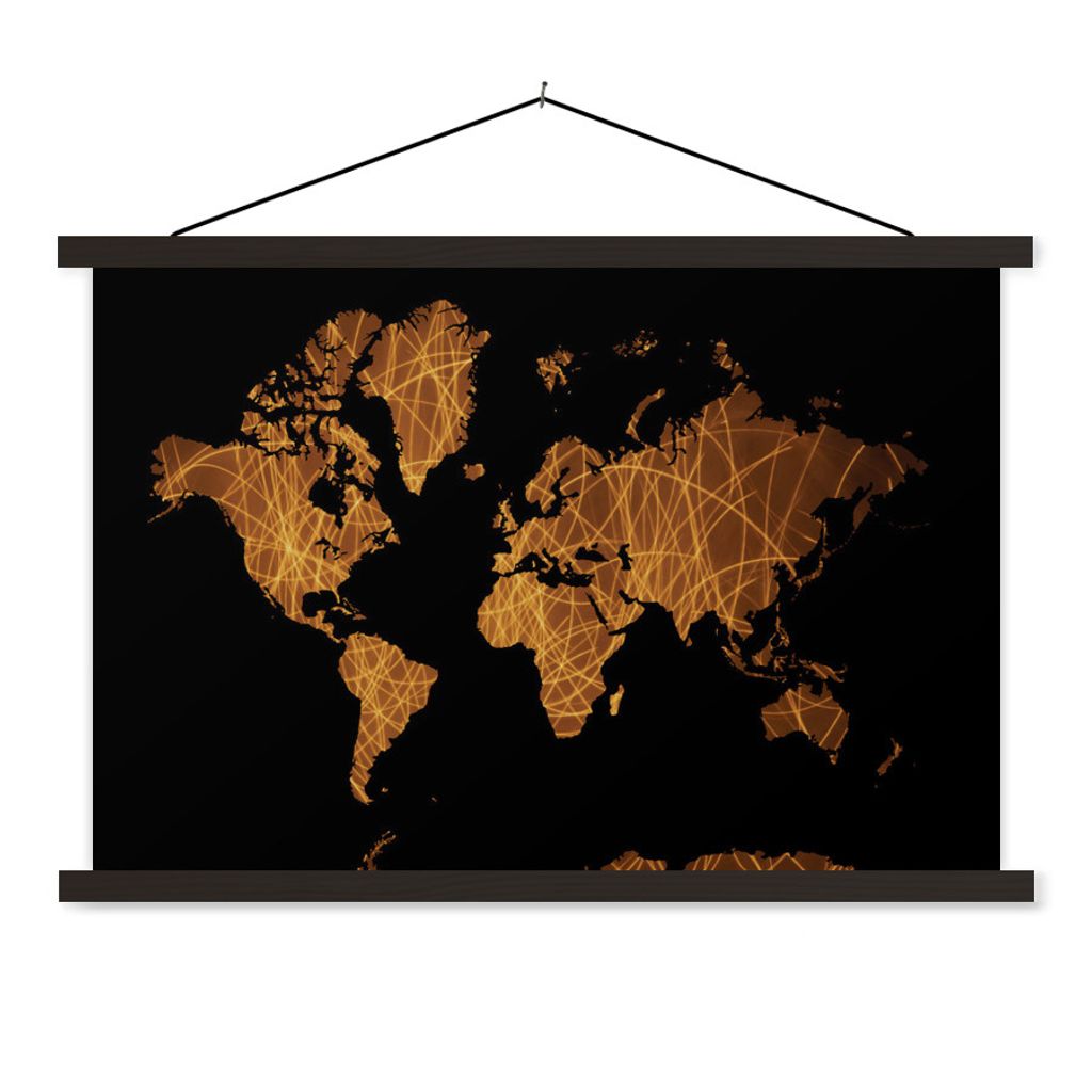 MuchoWow Textilposter Weltkarte - Schwarz - Gold 150x100 cm mit schwarzem Rahmen - Schlafzimmer