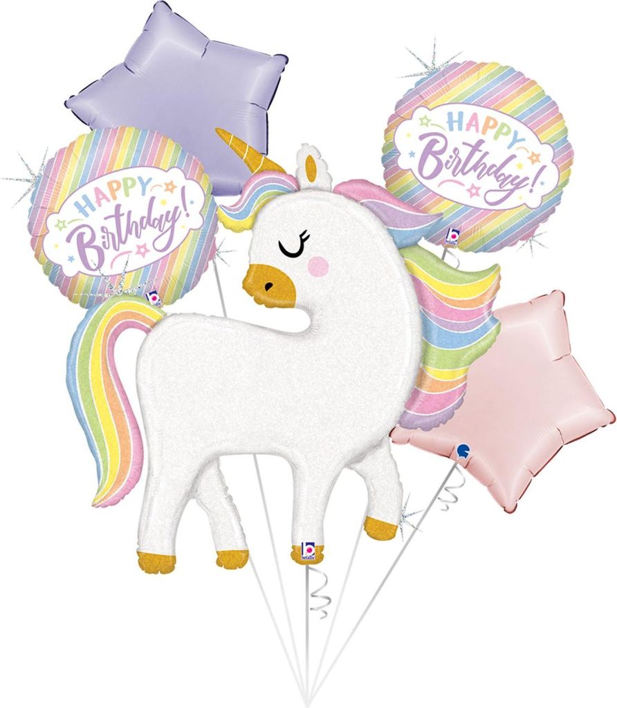 Folieballonnen: Boeket Glitter Pastel Unicorn Eenhoorn - 5 stuks
