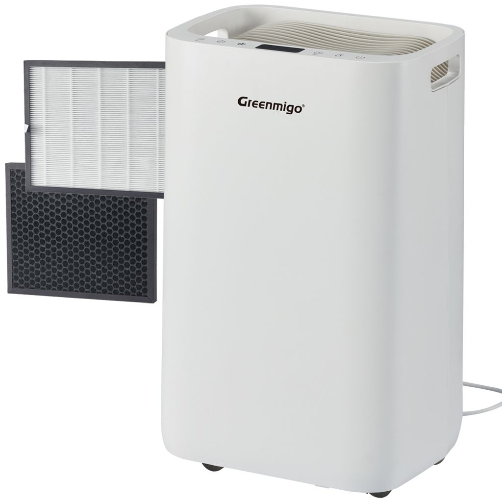 Greenmigo Luftentfeuchter Lufttrockner 20L/Tag,Ionisator,HEPA-Filter und Aktivkohlefilter,Kontinuierlicher Abfluss,Wäschetrockner,24-Stunden-Timer...