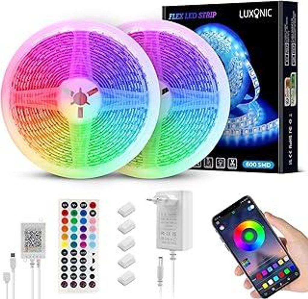 Bluetooth Wasserdichtes LED Streifen 10M (2x5M), 60 LED/M, 600 LEDs Superhell,5050 Outdoor RGB Seil-Licht mit App&44 Tasten Fernbedienung, Musik Sy...