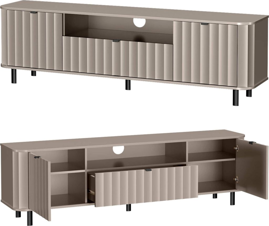 Belmy TV-Schrank grau 196 cm VELANO – modern Lowboard 2 Türen 1 Schubladen Rillenfronten