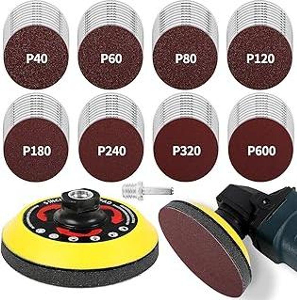 Pomsare Schleifscheiben-Set 125mm Klett für Winkelschleifer - 80 Stück Schleifpapier mit M14 Schleifteller und Schaft - Winkelschleifer Zubehör ...