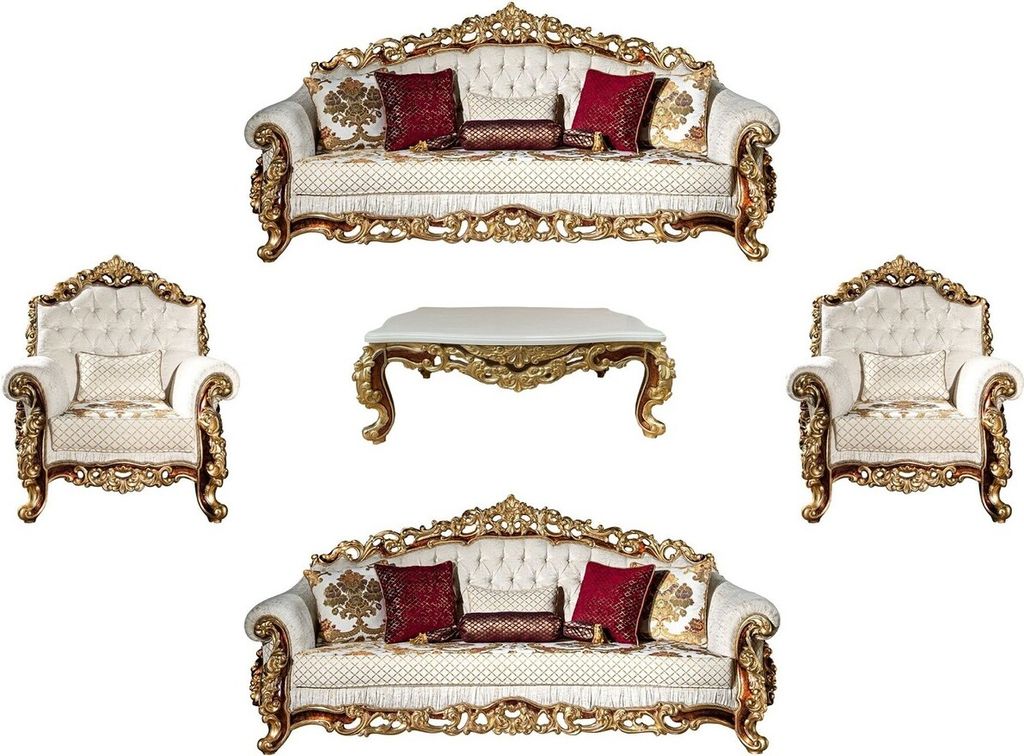 Casa Padrino Luxus Barock Wohnzimmer Set Weiß / Gold / Braun - 2 Sofas & 2 Sessel & 1 Couchtisch - Wohnzimmer Möbel im Barockstil - Edel & Prunkvoll