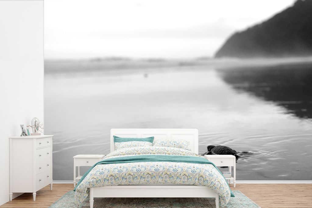 MuchoWow Fototapete für Wohnzimmer oder Schlafzimmer Wandtapete Vinyl Motivtapete Schwarz-Weiß-Foto vom Meer mit Blick auf die Landschaft des M...