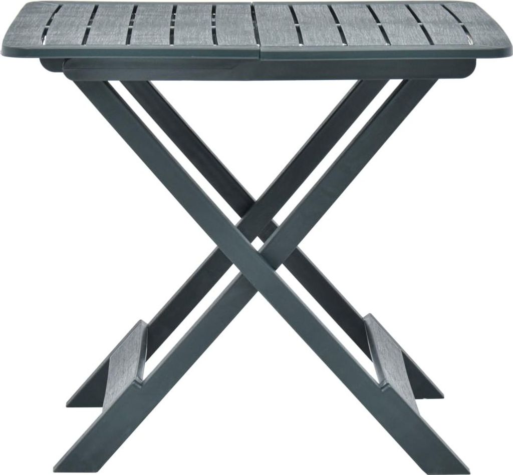 A green foldable garden table shown from the side against a white background.