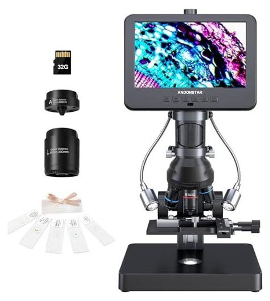 AD266S 20x-5000x HDMI Digitalmikroskop, 5 Linsen 2160p UHD-Videoaufzeichnung, 7 "LCD-Mikroskop Erwachsener Kinder, Home Lab Biological Kit Objekttr...