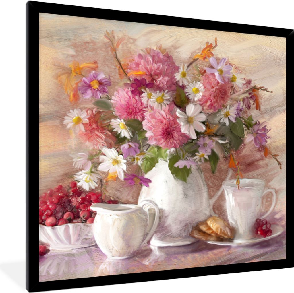 MuchoWow Gerahmtes Poster Gemälde - Blumen - Vase - Ölfarbe 40x40 cm - Poster mit Schwarzem Bilderrahmen Wandposter Rahmen Foto Bilder - Mit Ra...