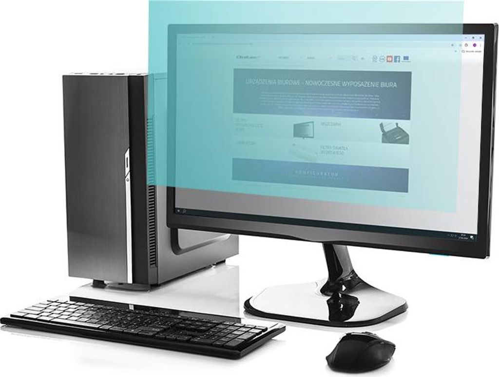 A computer setup including a tower, monitor, keyboard, and mouse, with a blue overlay on the monitor screen.