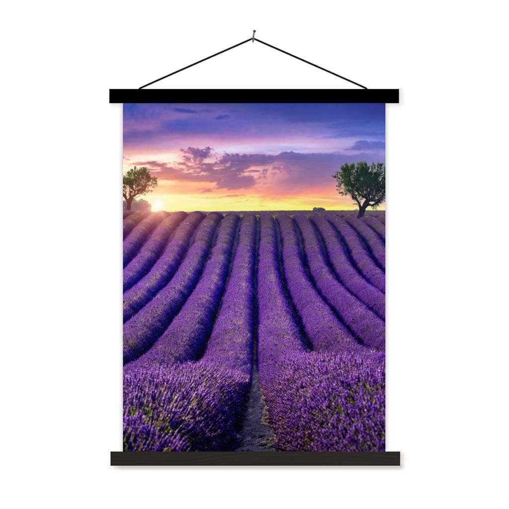 MuchoWow Textilposter Lavendel - Hügel - Sonnenuntergang - Bpmen - Lila 40x53 cm mit schwarzem Rahmen - Abbildung