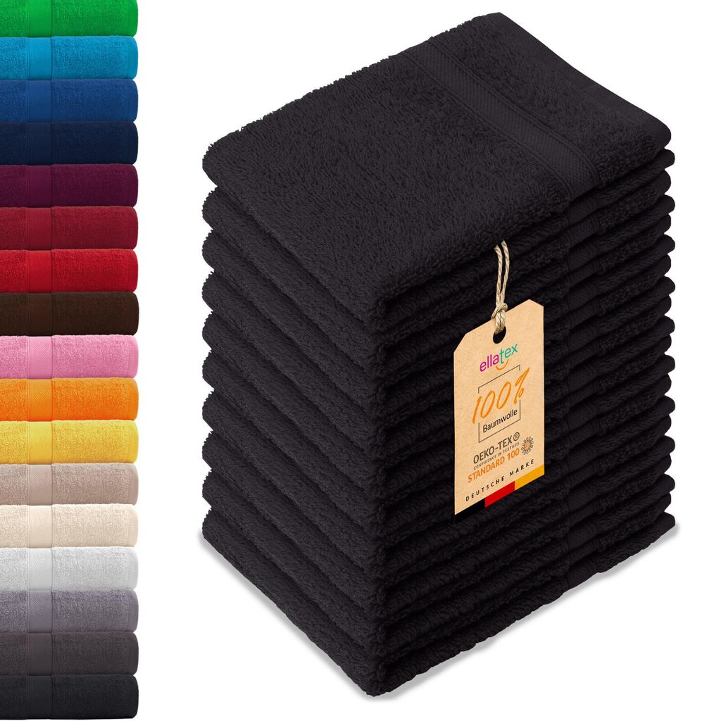 10er Pack EllaTex Gästehandtücher 30x50 cm 100% Baumwolle, 500 g/m² Handtücher Set weich saugstark Serie Paris, in Farbe: Schwarz
