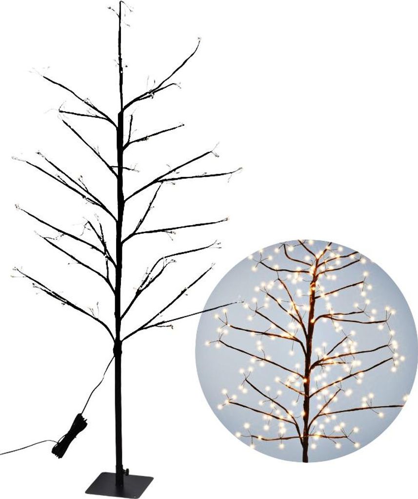 A black artificial tree with white LED lights, shown with a close-up inset.