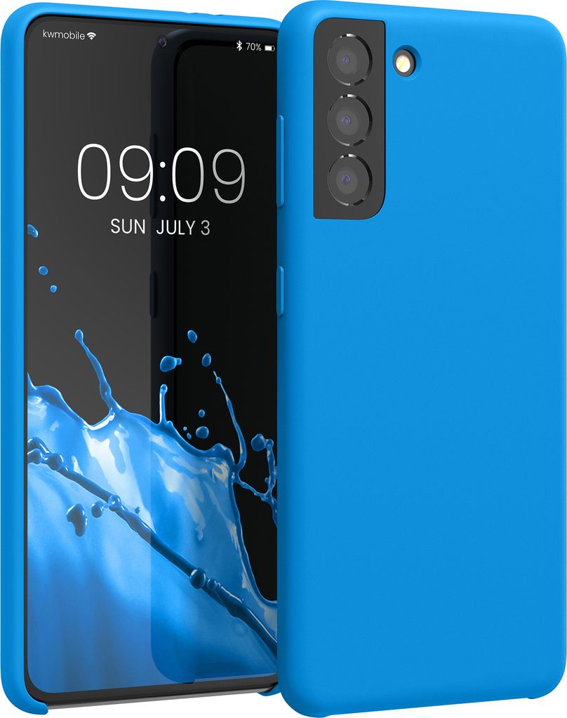 kwmobile Hülle kompatibel mit Samsung Galaxy S21 Hülle - Silikon Handy Case - Handyhülle weiche Oberfläche - kabelloses Laden - Strahlend Blau