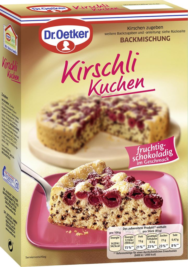 A box of Dr. Oetker Kirschli Kuchen baking mix, featuring images of the finished cake.