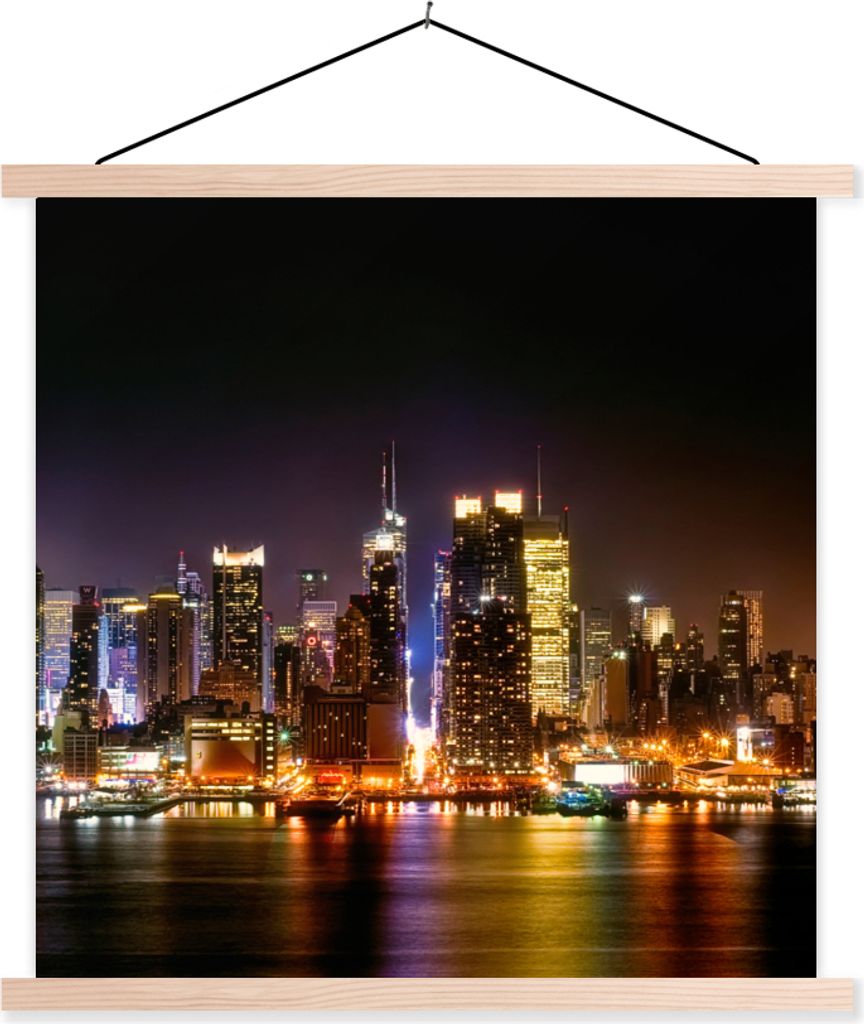 MuchoWow Textilposter New York - Manhattan - Skyline 60x60 cm mit holzfarbenen Rahmen - Wanddekoration