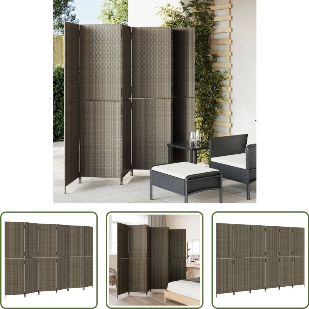 The Living Store Paravent 6-tlg. Grau Poly Rattan