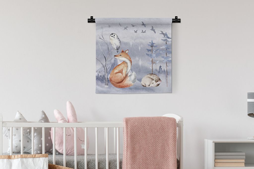 MuchoWow Wandteppich Wandbehang Fuchs - Winter - Gemälde 60x60 cm Tapisserie Dekoration Wandtuch - Dekorationen - Wand Decke