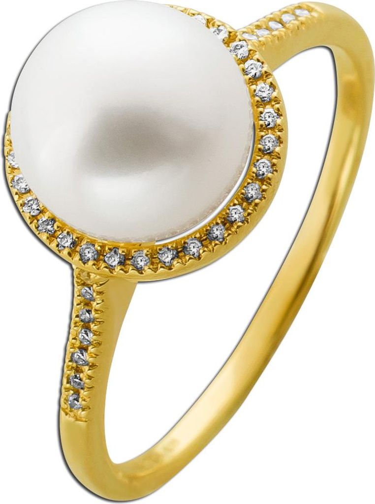 Perlen Ring Gold 585 14K Natur Diamanten 0.11ct Süßwasser Perle 19