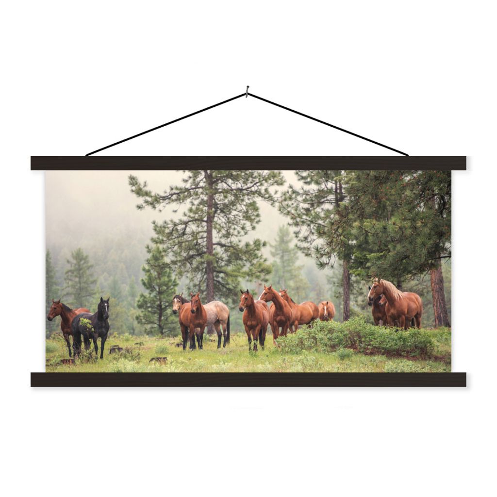 MuchoWow Textilposter Pferde - Wald - Nebel 120x60 cm mit schwarzem Rahmen - Dekoration Schlafzimmer