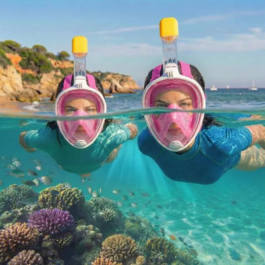 Masque de plongée anti-buée vision 180° rose avec support GoPro S/M