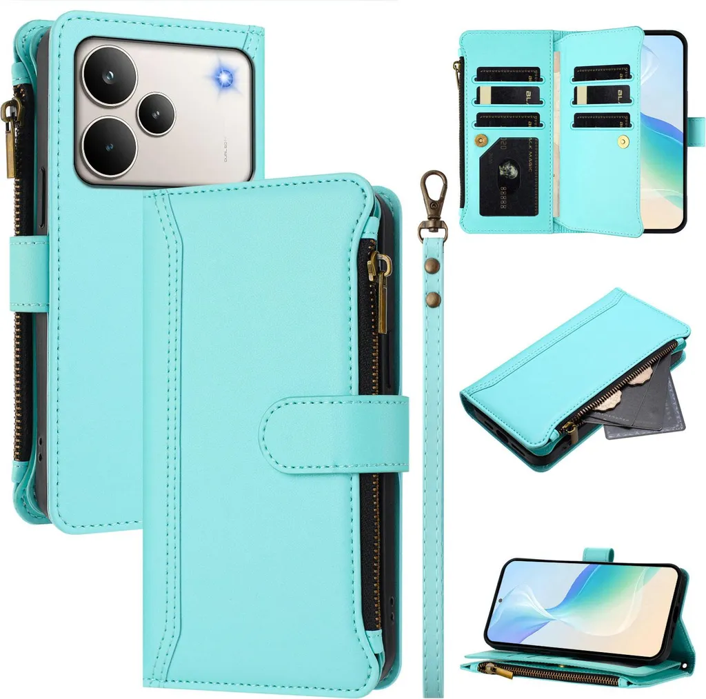 Custodia per Realme P4 Pro, con cerniera, portafoglio in Finto cuoio con tasche per carte, supporto e passante per la mano verde menta