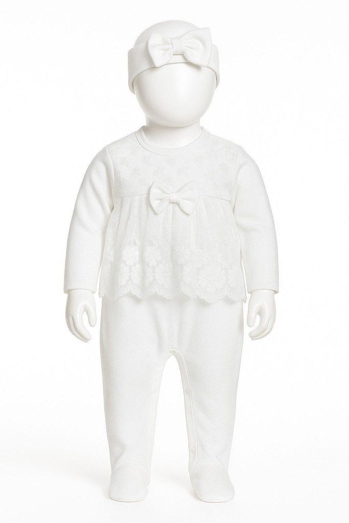 Baby Mädchen Set, Strampler mit Fuß + Stirnband, 100% Baumwolle, Größe: 50, Farbe: Weiß
