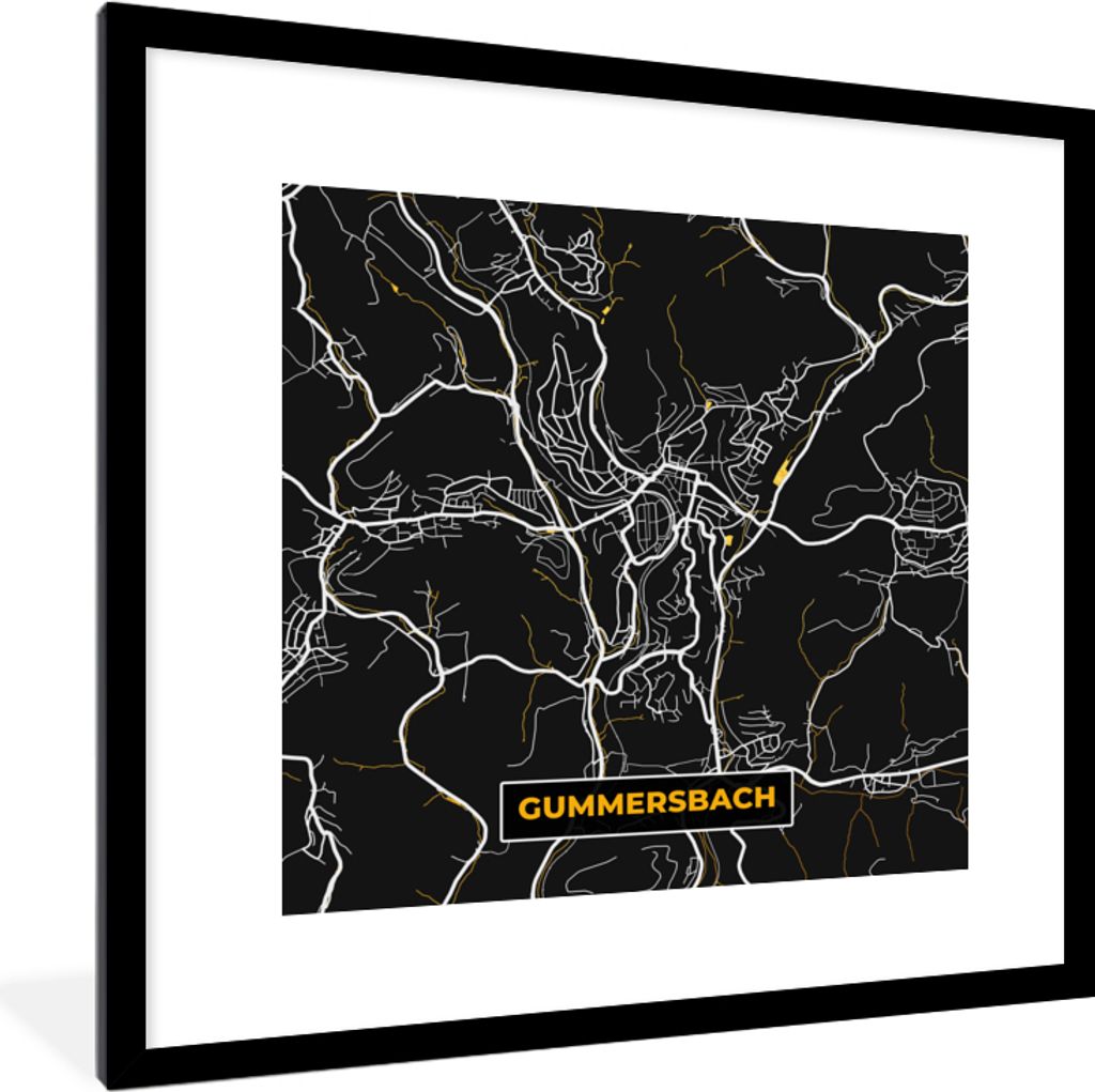 MuchoWow Gerahmtes Poster Karte - Gummersbach - Gold - Stadtplan - Deutschland 40x40 cm - Poster mit Schwarzem Bilderrahmen Wandposter Rahmen Fot...
