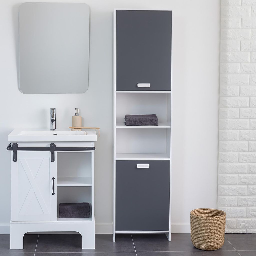 Hochschrank Badschrank Grau Stauraumschrank mit Türen und Produktbild 