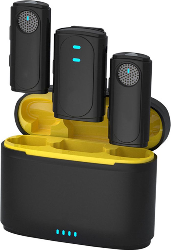 Drahtloses Mikrofonsystem mit 1 Empfaenger + 2 Sendern + 1 Ladebox, 20 m uebertragungsreichweite, integrierter Akku fuer 3,5-mm-Schnittstelle, Kame...