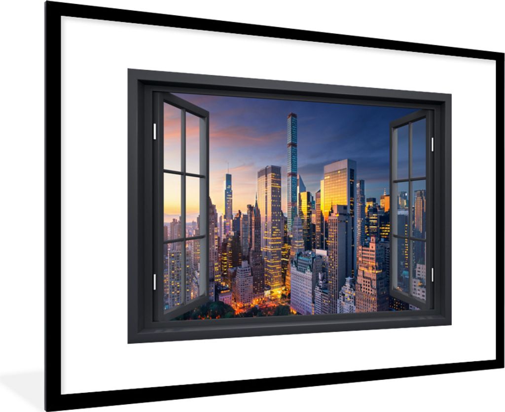 MuchoWow Gerahmtes Poster Ansicht - New York - Skyline 90x60 cm - Poster mit Schwarzem Bilderrahmen Wandposter Rahmen Foto Bilder - Wanddekoratio...