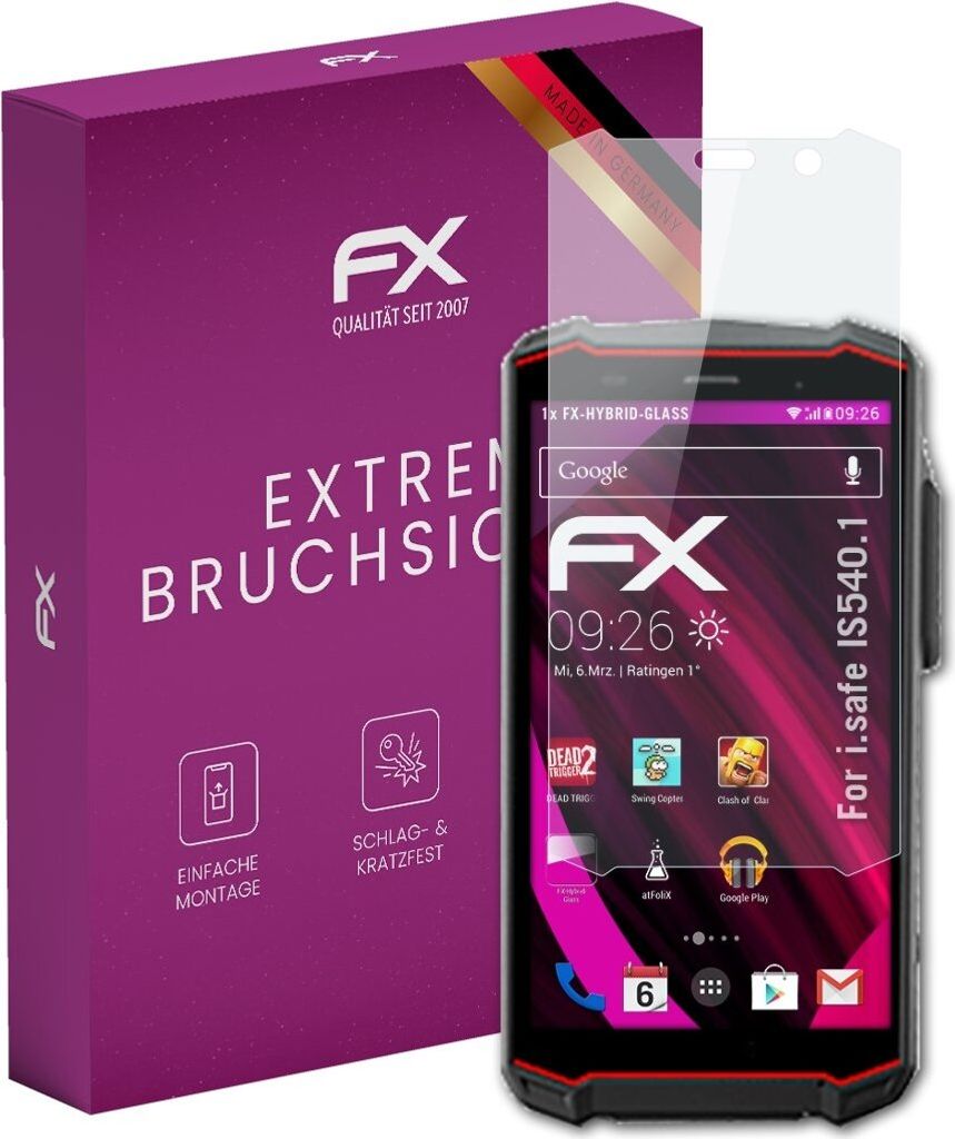 atFoliX FX-Hybrid-Glass Displayfolie kompatibel mit i.safe IS540.1 Glasfolie
