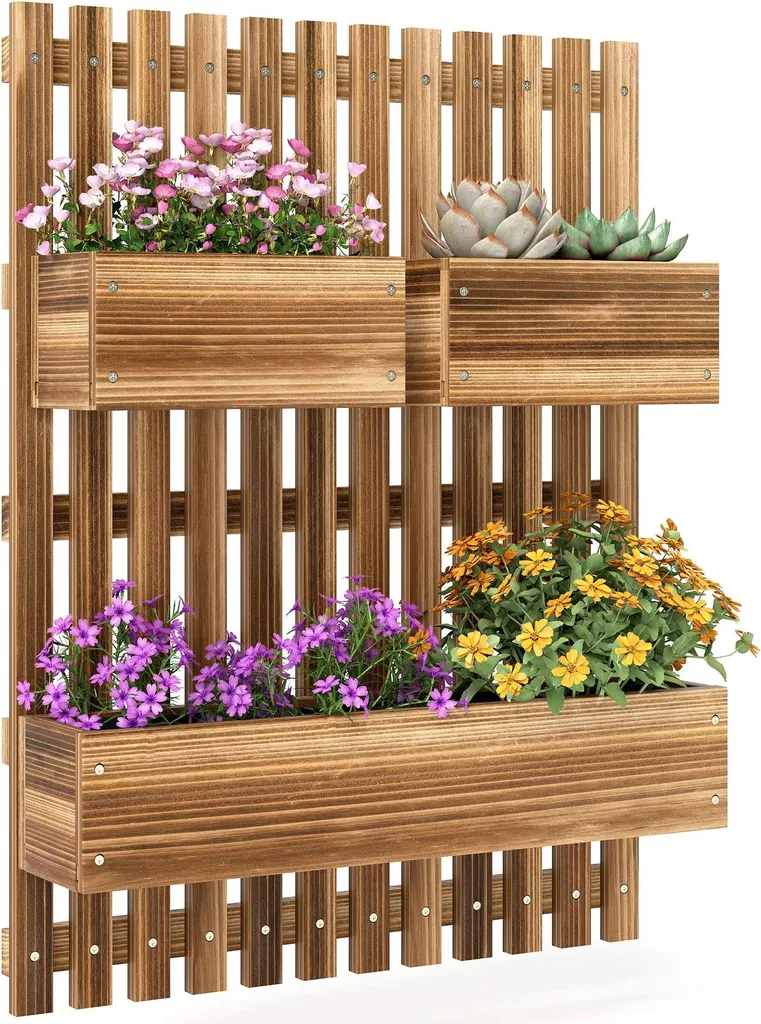 Support plantes mural bois 60x80cm doté de 3 pots coulissants modulables