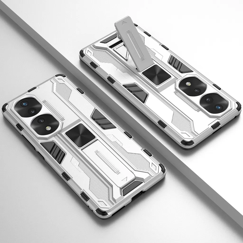 Custodia per Honor 70 Pro a doppio strato in PC e TPU con paraurti e supporto Argento - 5