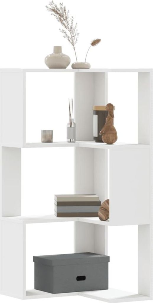 A white corner bookshelf with decorative items on its shelves.