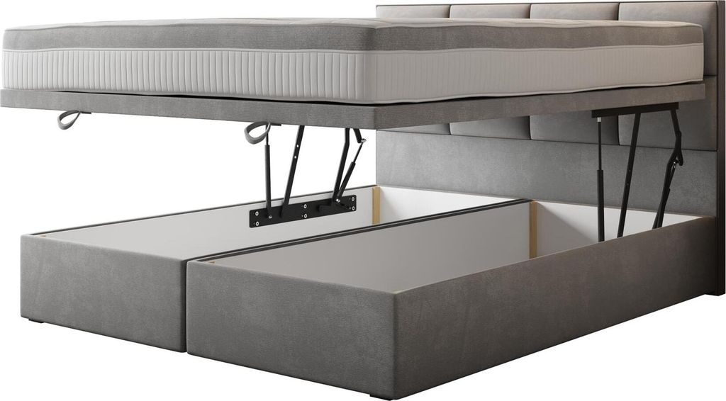 A bed frame with a mattress lifted to reveal storage compartments underneath.
