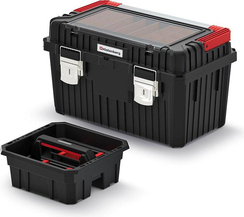 Prosperplast Werkzeugkoffer mit Metallgriff und Schlössern, schwer, 585 x 360 x 337 mm, Farbe: Schwarz