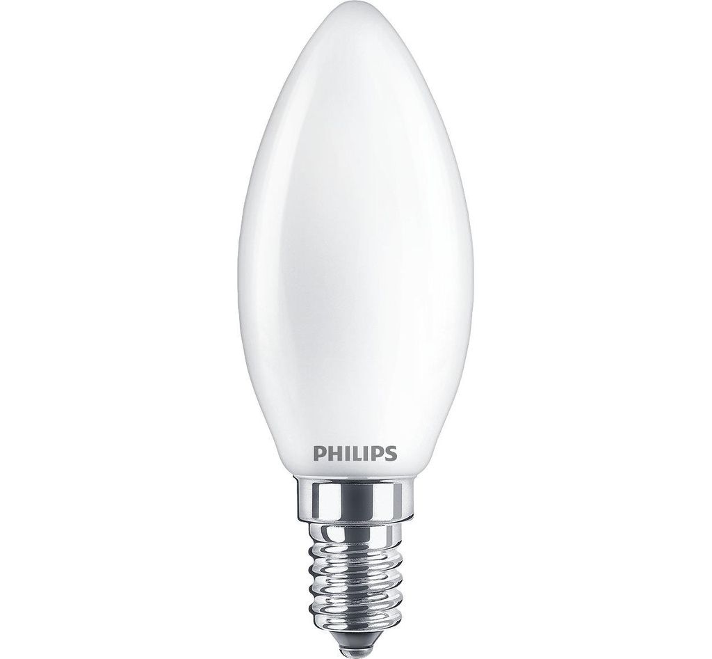 A single Philips LED light bulb with a candle-shaped head and a screw base, presented on a white background.