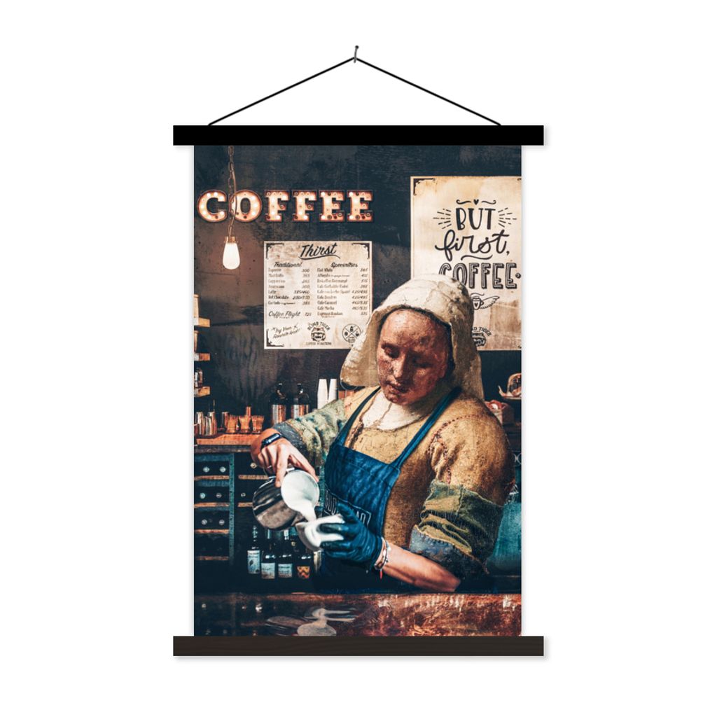 MuchoWow Textilposter Kaffee - Milchmädchen - Barista - Vermeer - Kunst - Cappuccino - Aber zuerst Kaffee 40x60 cm mit schwarzem Rahmen - Wandde...