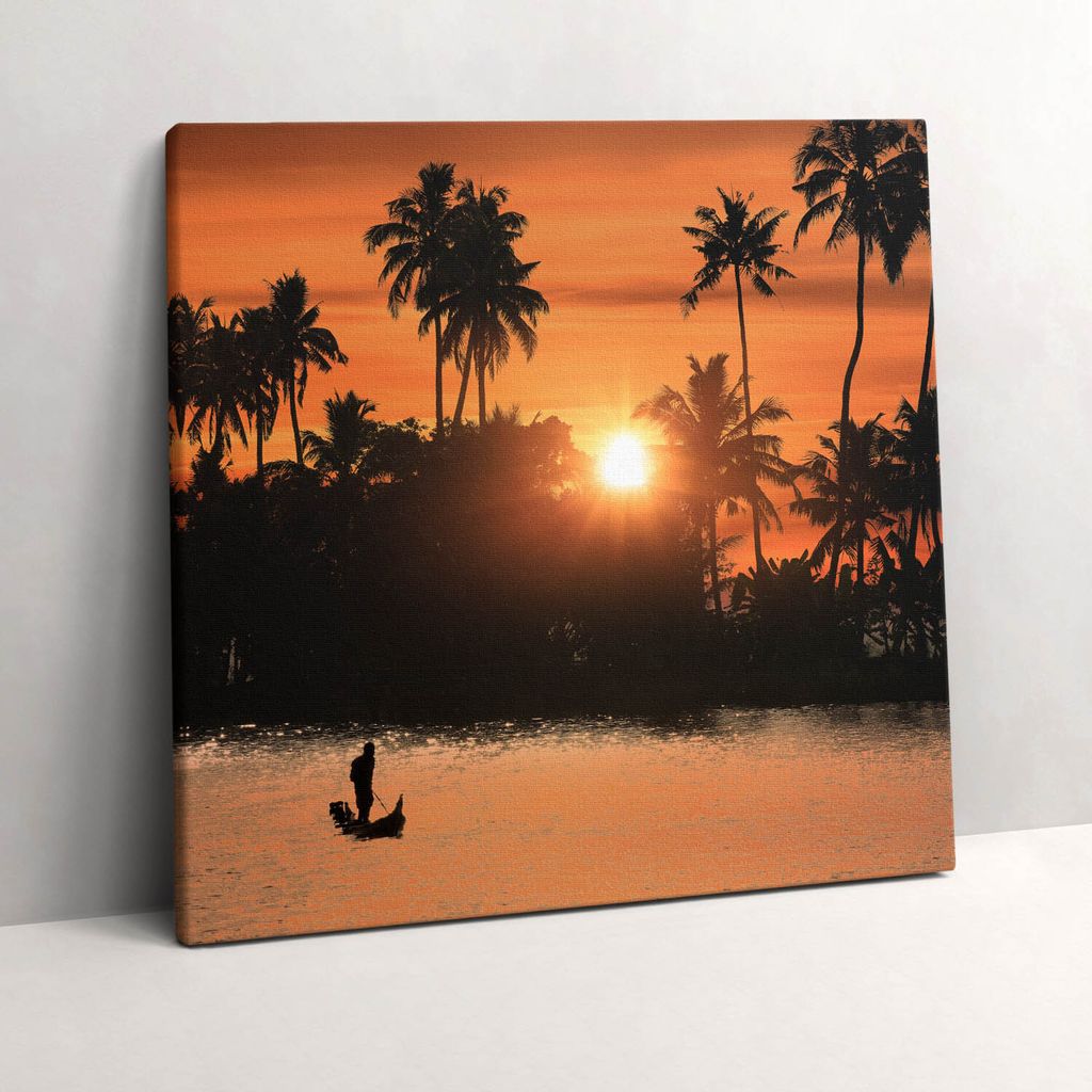 Sunset and palm trees on vacation – Leinwandbild Wandbild – 60x60 cm – Leinwandbilder – Wandbilder – Schlafzimmer – Flur
